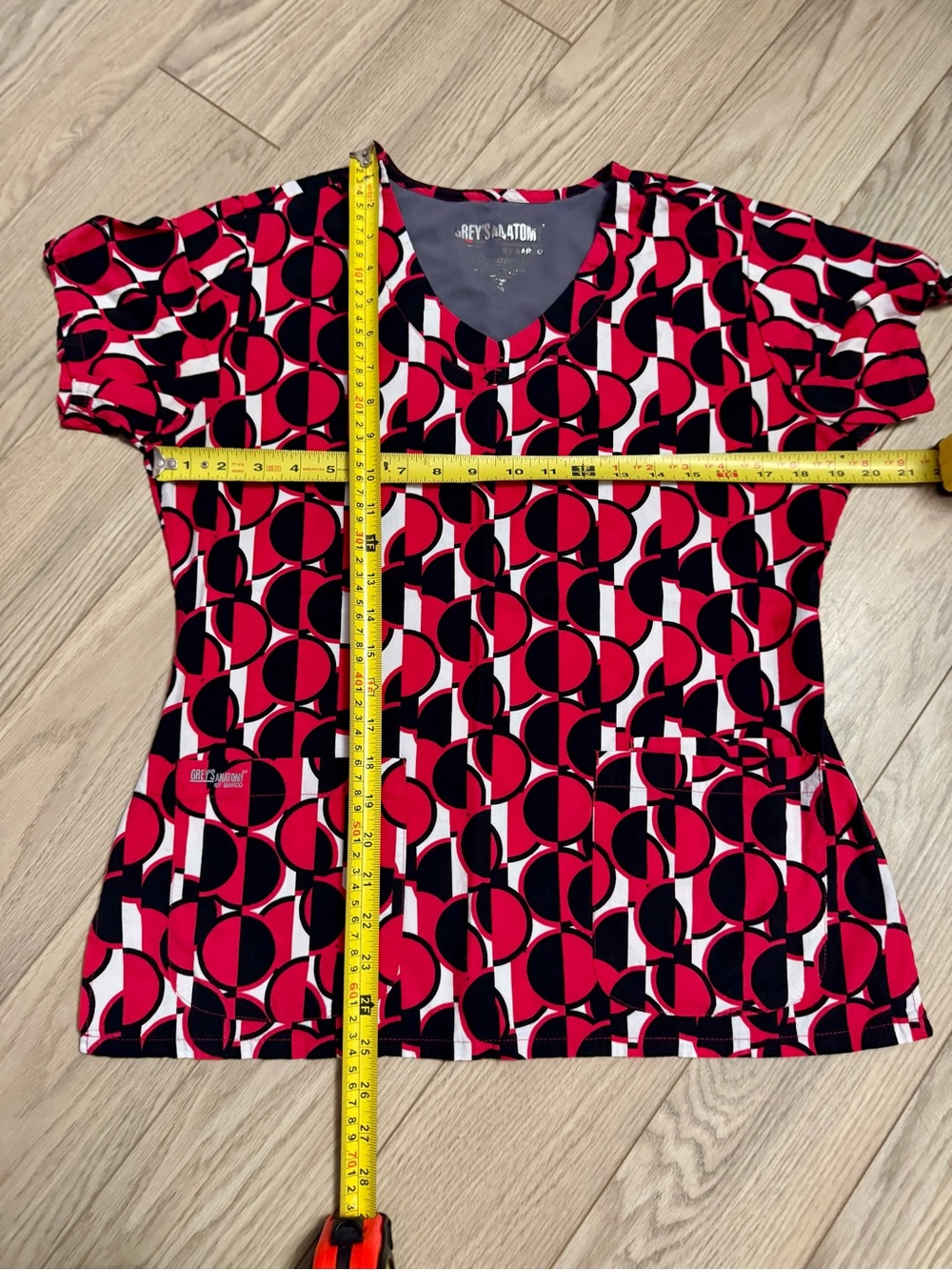 Grey's Anatomy Women's Geometric Print Scrub Top in Red, Black, White